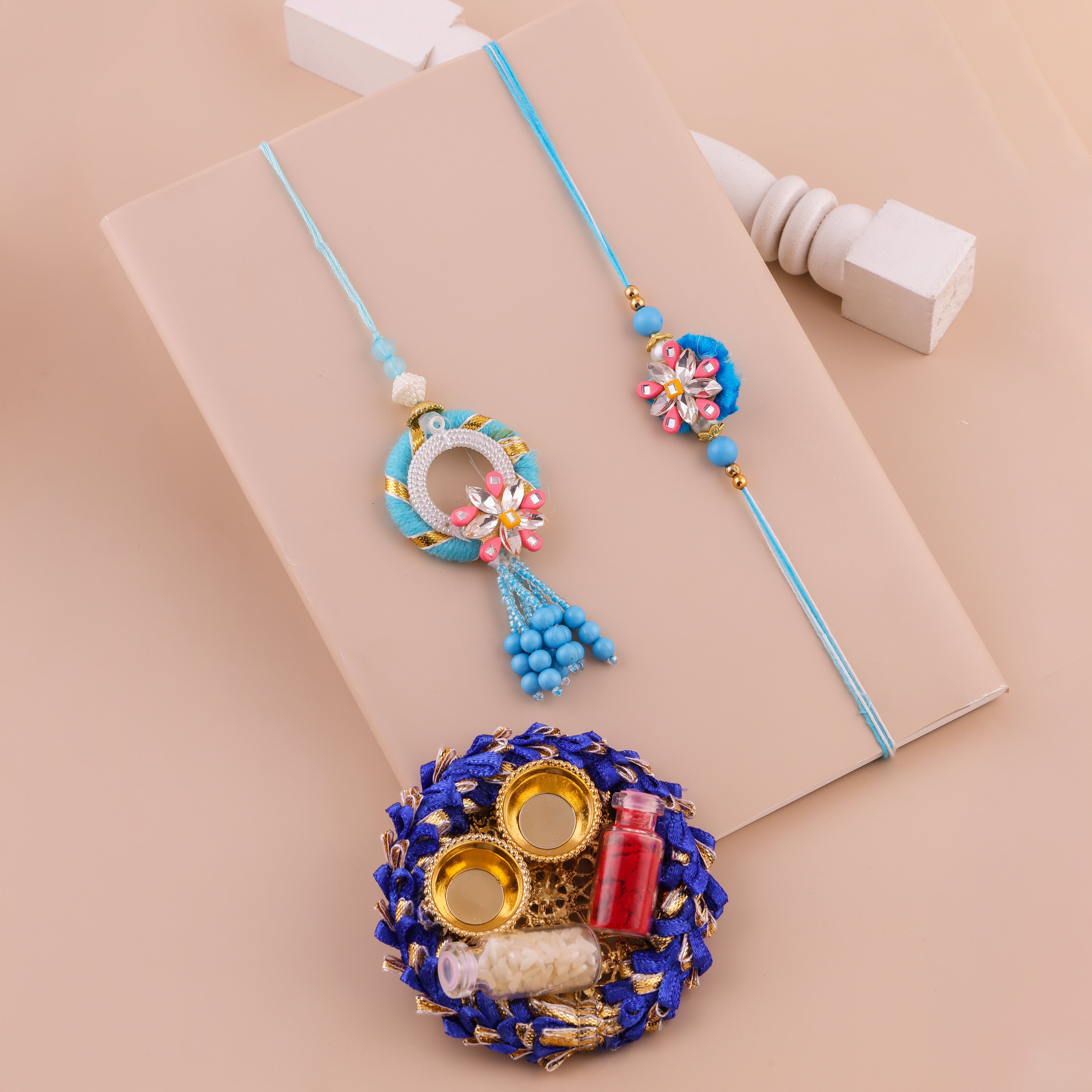 Red Floral Charm Lumba Rakhi Set - SkyBlue