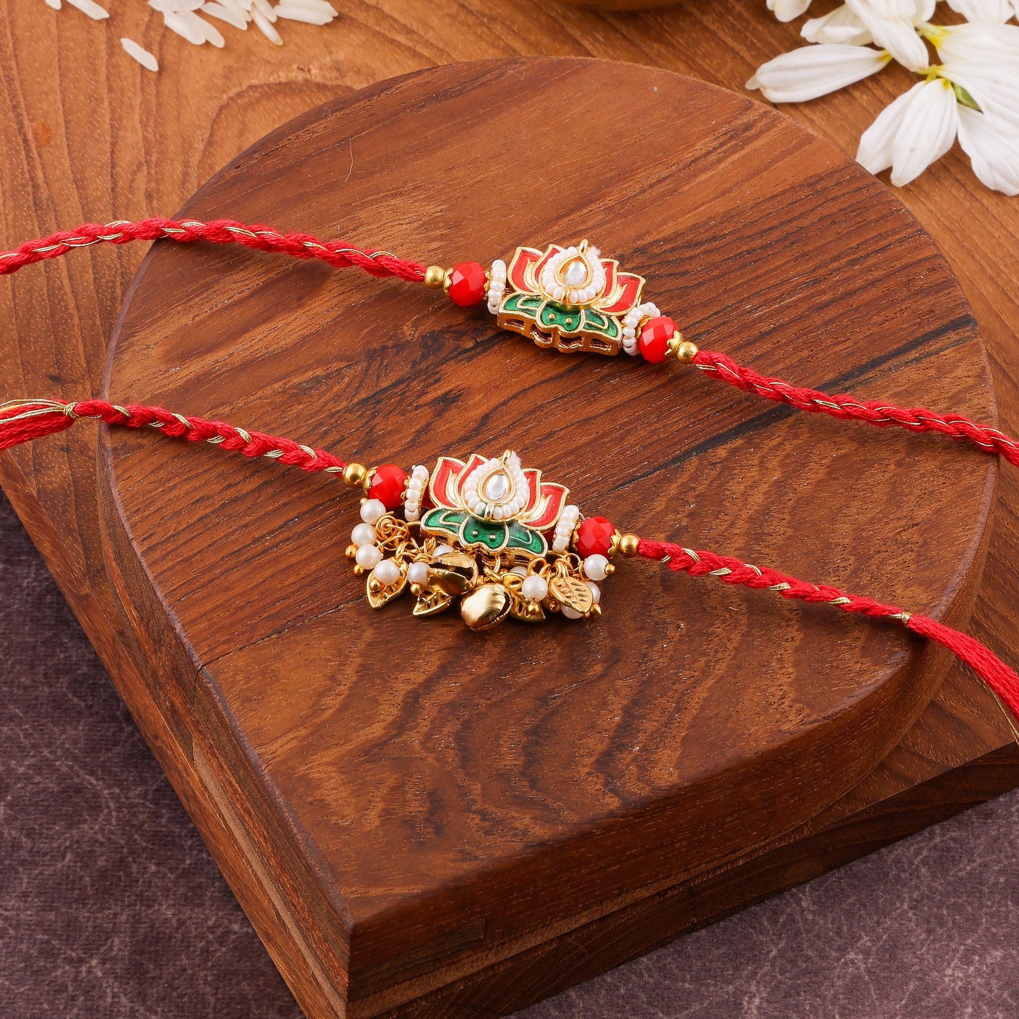 Meenakari Peacock Charm Bhai Bhabhi Rakhi Set zoom