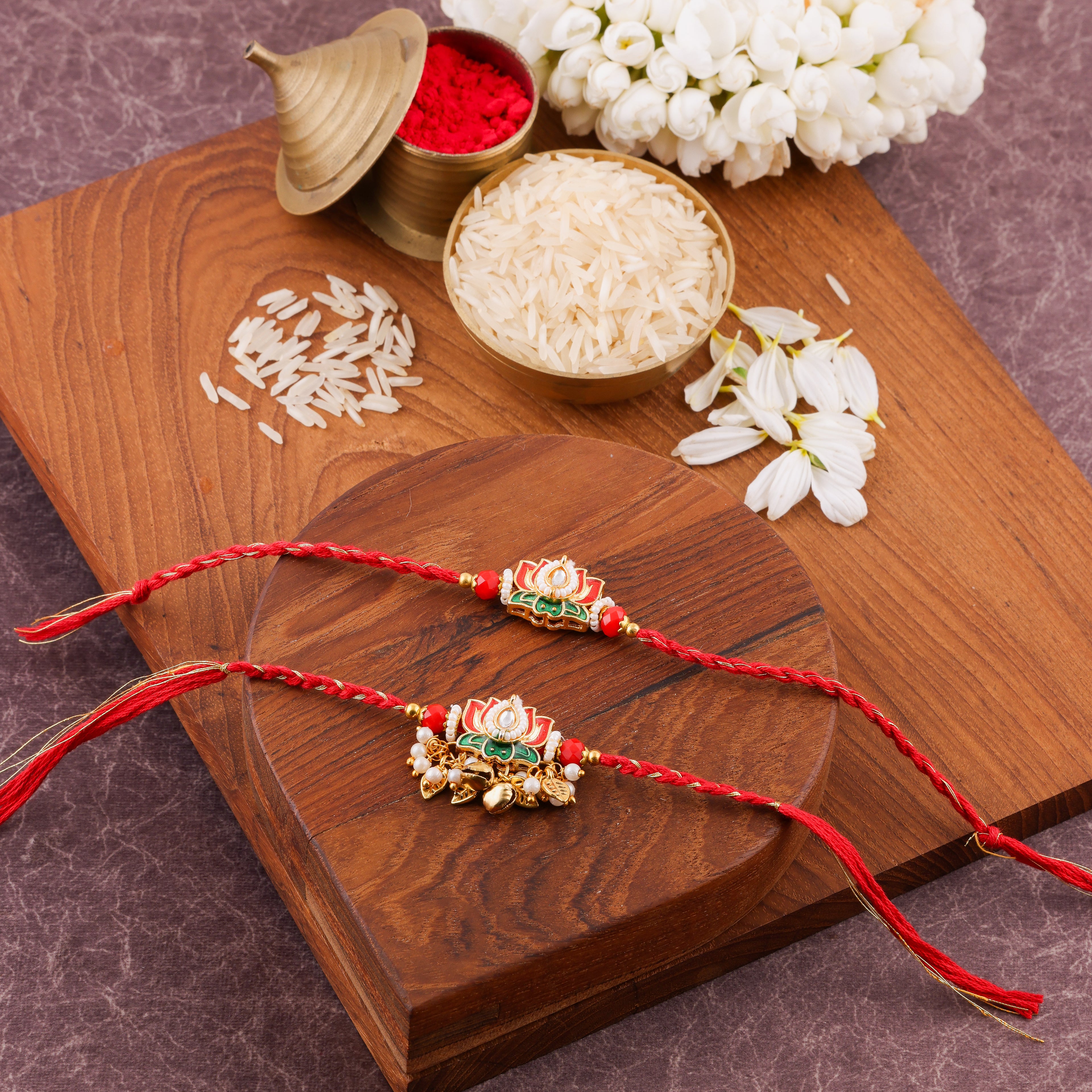 Meenakari Peacock Charm Bhai Bhabhi Rakhi Set - Red