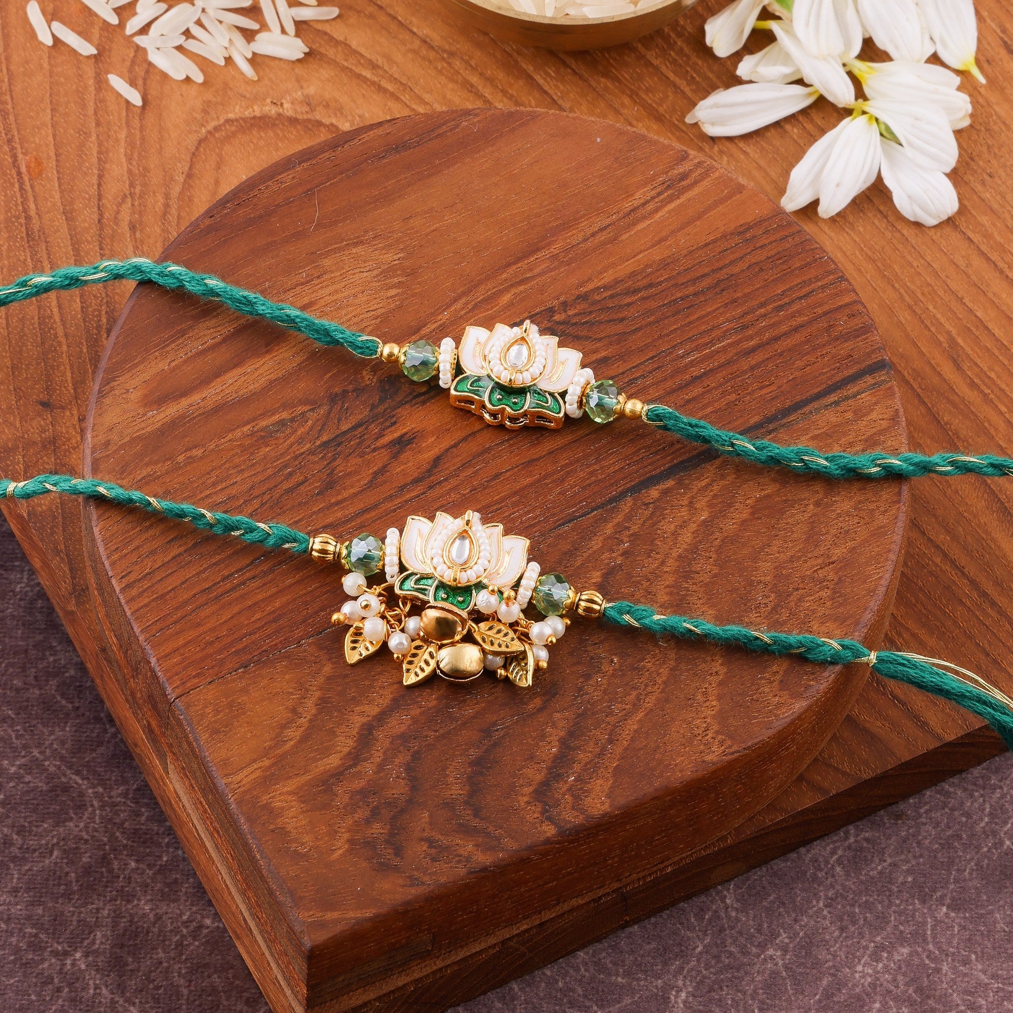 Meenakari Peacock Charm Bhai Bhabhi Rakhi Set zoom