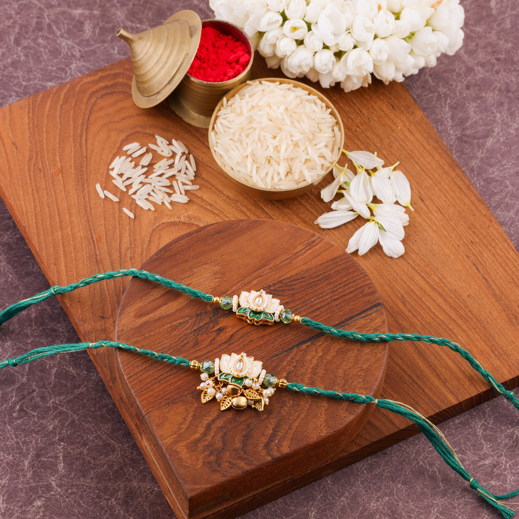 Meenakari Peacock Charm Bhai Bhabhi Rakhi Set - Green