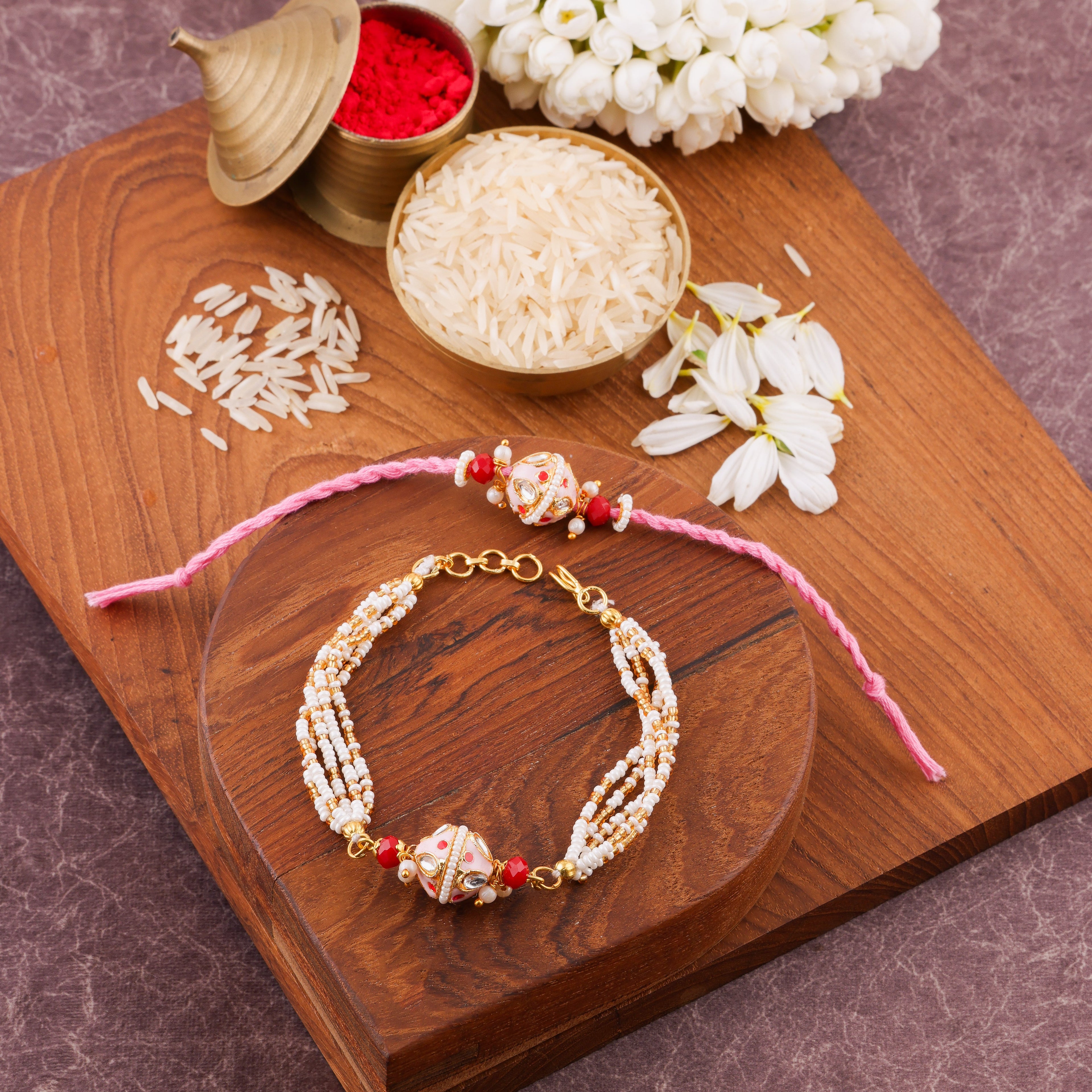 Pearl Lumba Bhai Bhabhi Rakhi Set - Pink