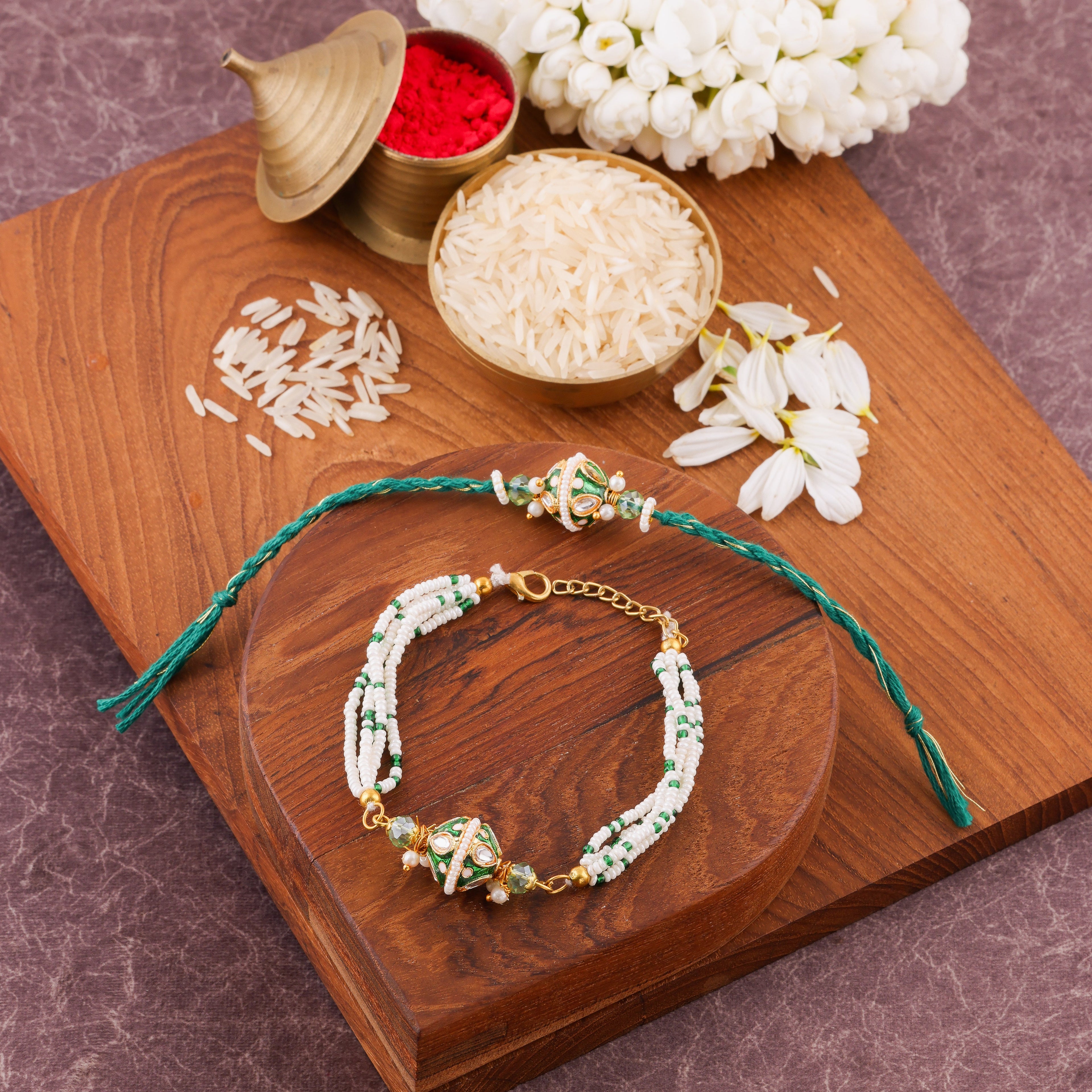 Pearl Lumba Bhai Bhabhi Rakhi Set - Green