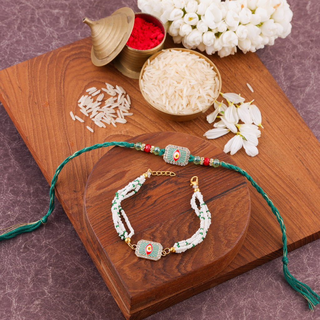 Red Nazar Evil Eye Charm Bhai Bhabhi Rakhi Set - Green