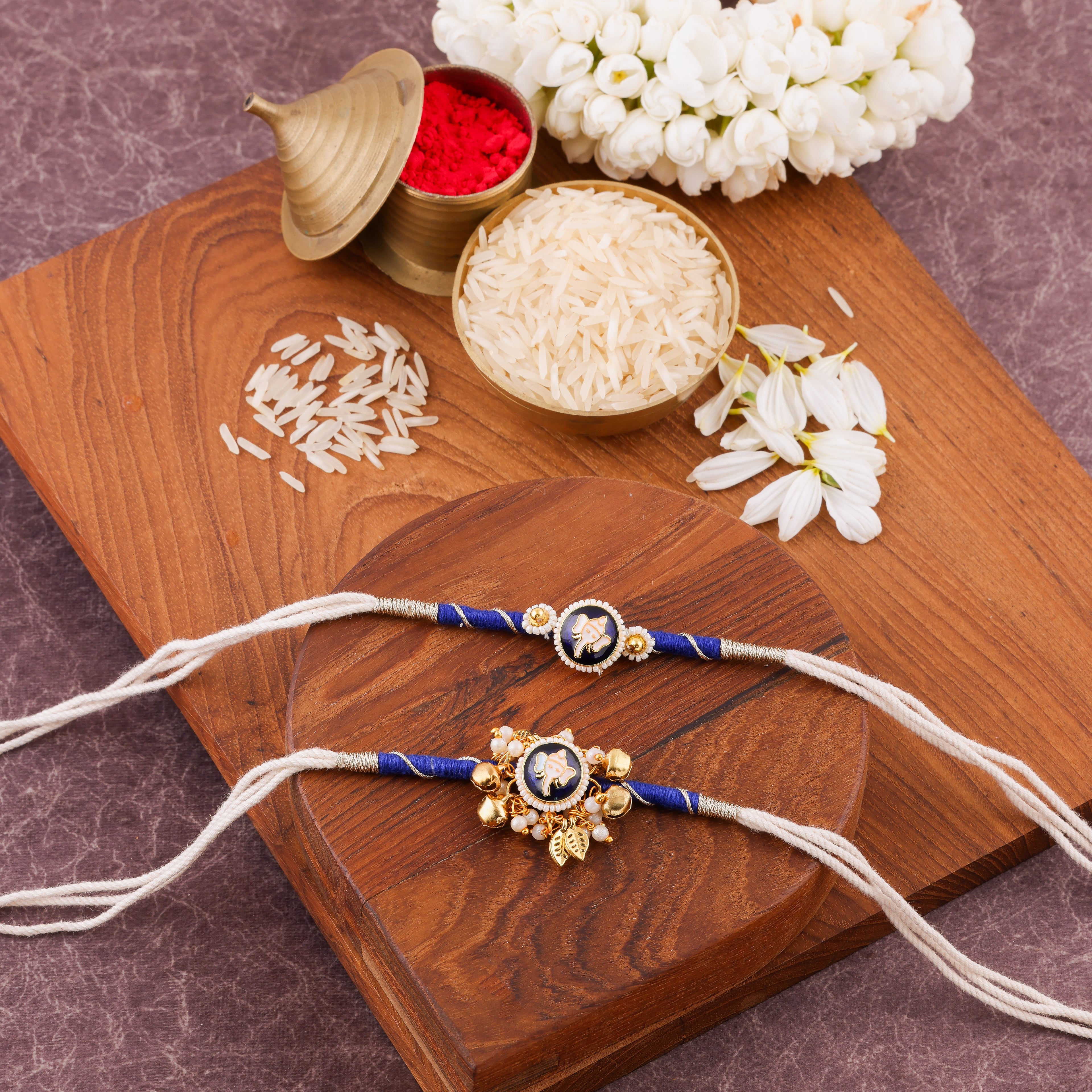 Handcrafted Designer Red Kundan Bhai Bhabhi Rakhi Set with Lumba