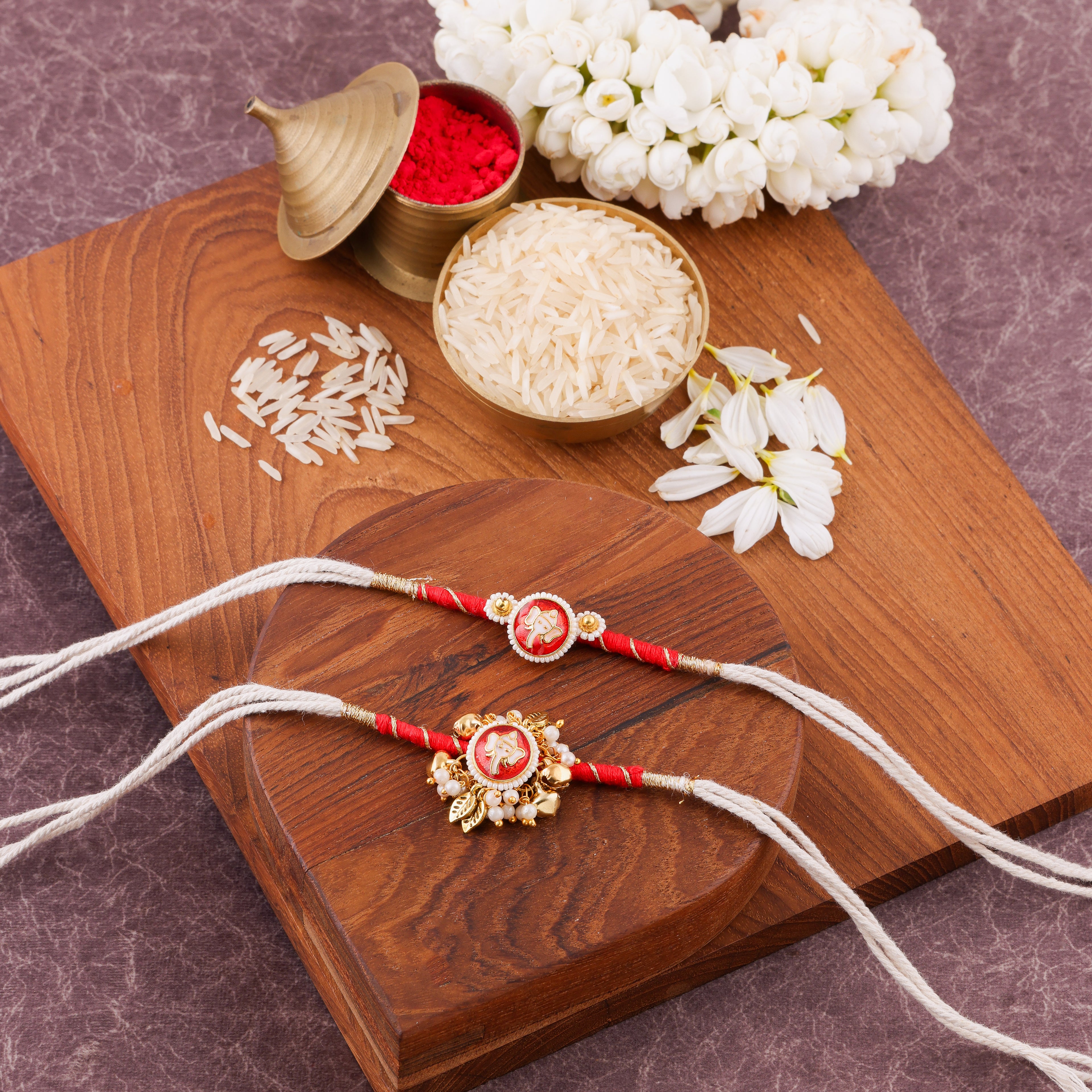 Handcrafted Designer Red Kundan Bhai Bhabhi Rakhi Set with Lumba