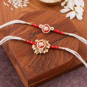Thumbnail for Handcrafted Designer Red Kundan Bhai Bhabhi Rakhi Set zoom