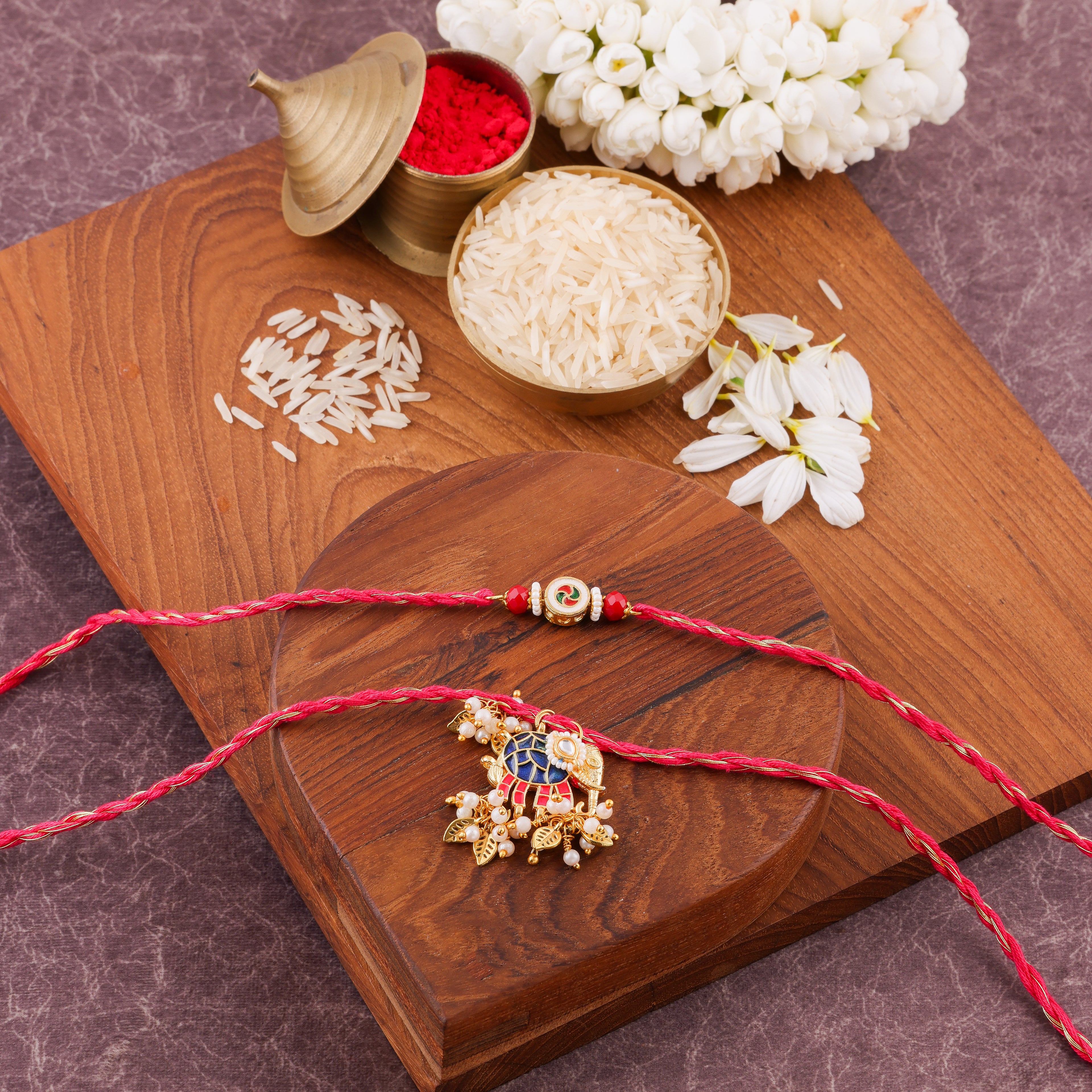 Green Hathi Charm Bhai Bhabhi Rakhi Set - Magenta