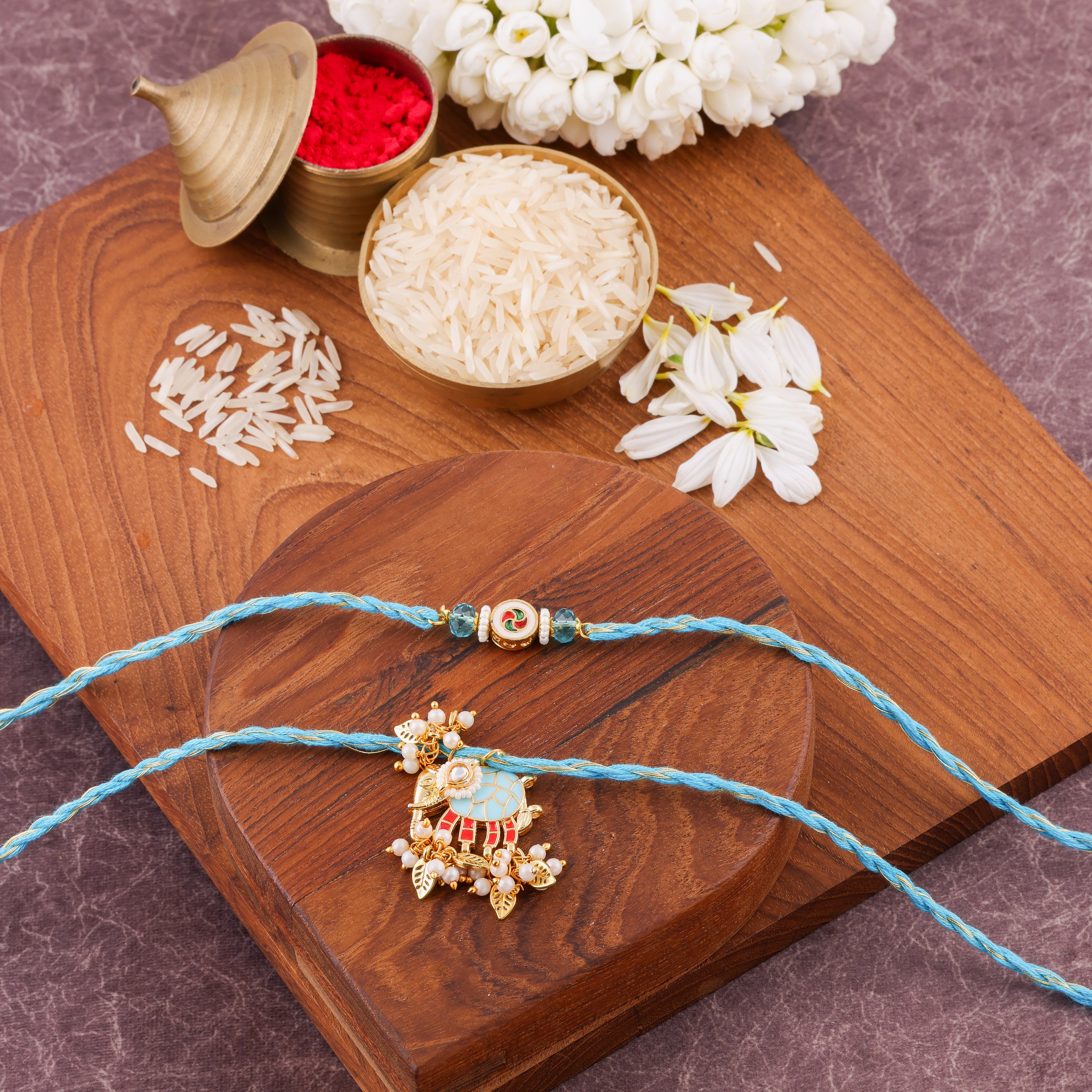 Green Hathi Charm Bhai Bhabhi Rakhi Set - Sky Blue