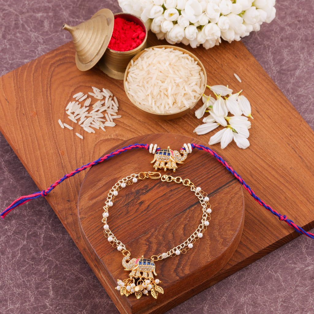 Kundan Lumba Bhai Bhabhi Rakhi Set - Blue