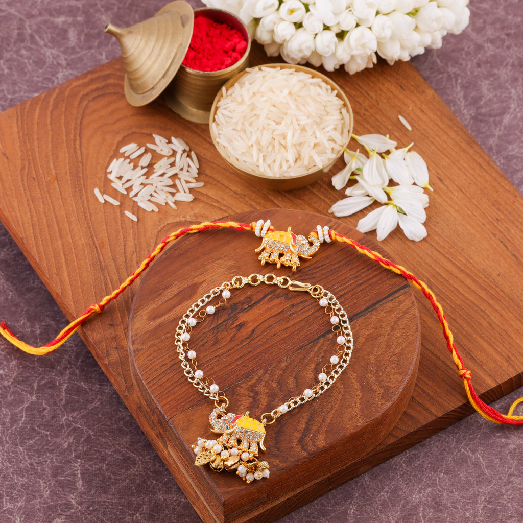 Kundan Lumba Bhai Bhabhi Rakhi Set - Yellow