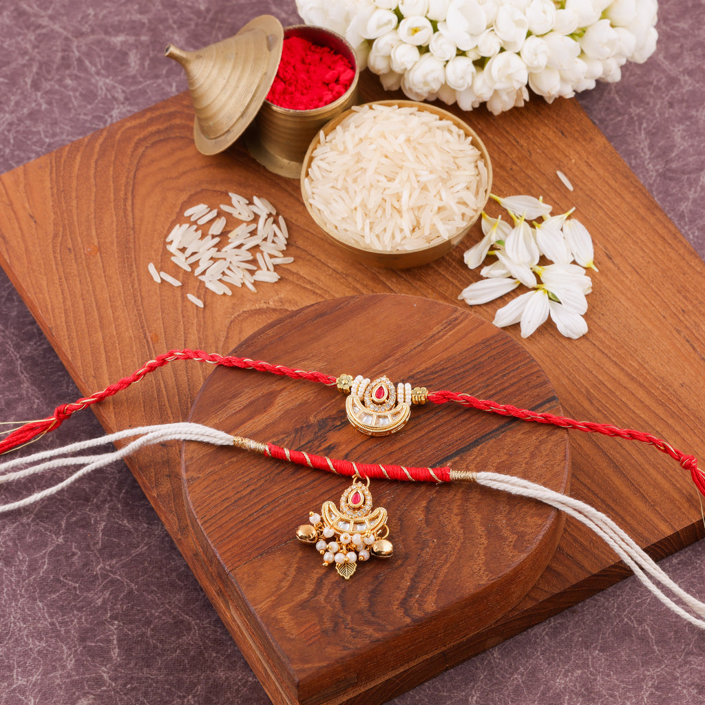 Meenakari Jhumka Charm Bhai Bhabhi Rakhi Set - Red