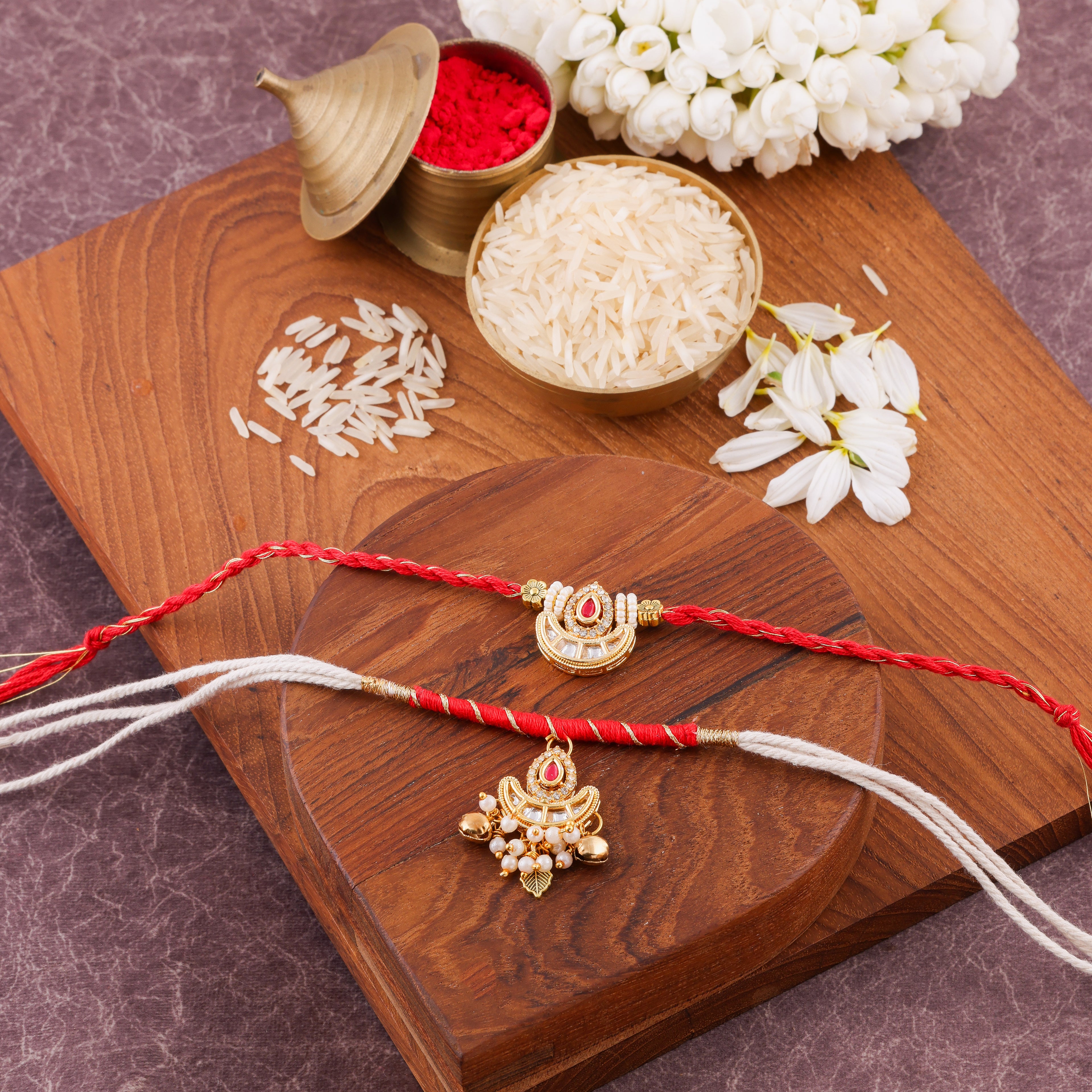 Meenakari Jhumka Charm Bhai Bhabhi Rakhi Set - Red