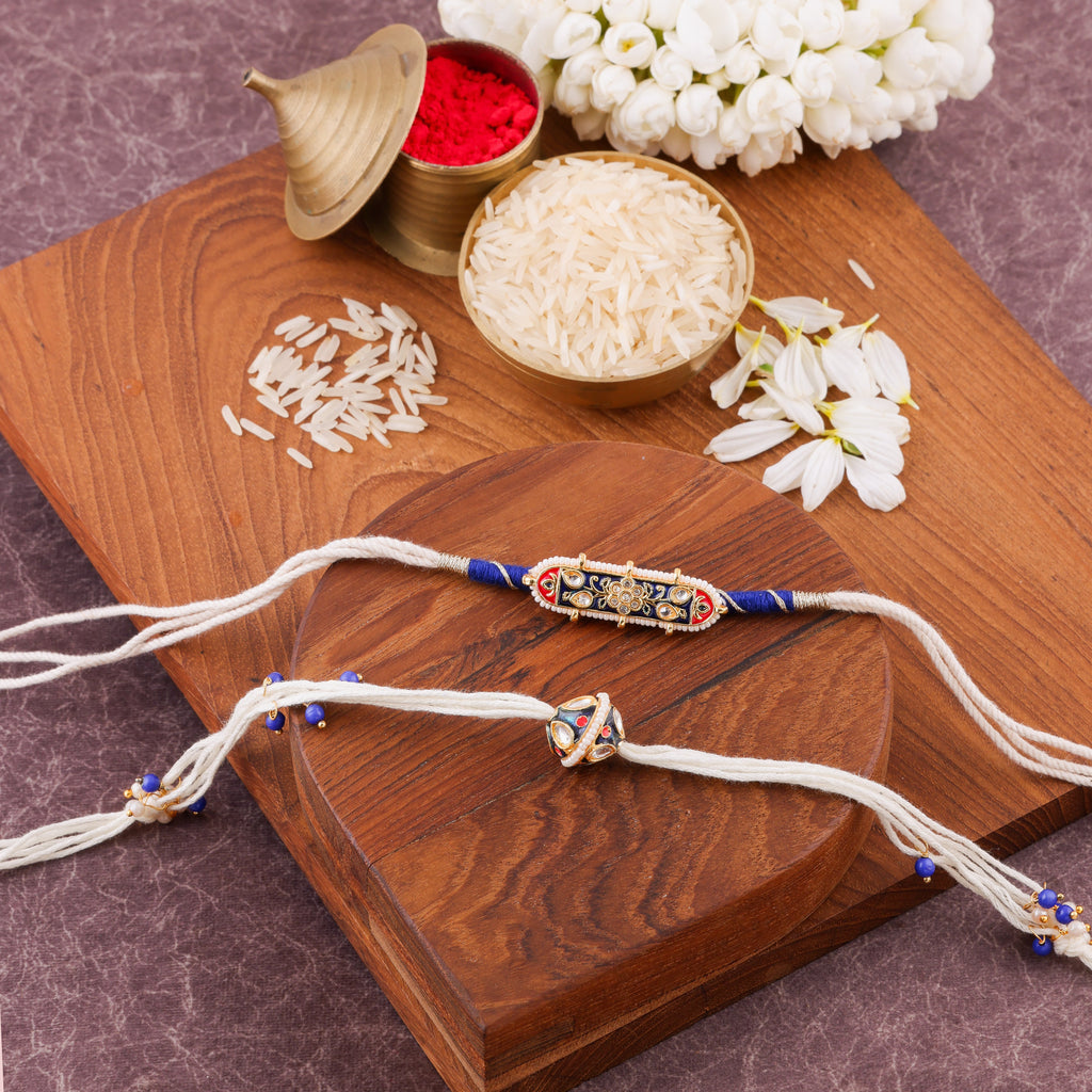 Meenakari Centrepiece Bhai Bhabhi Rakhi Set - Blue