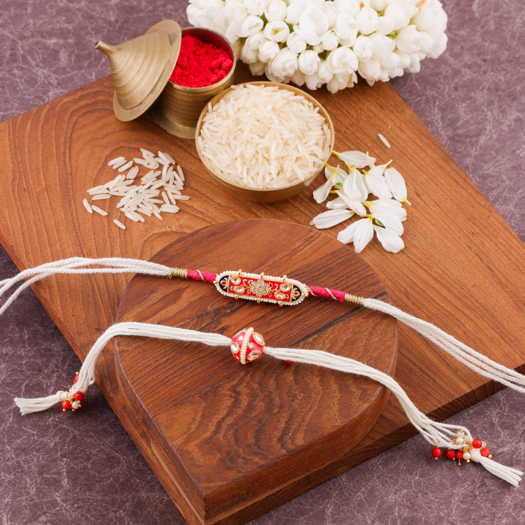 Meenakari Centrepiece Bhai Bhabhi Rakhi Set - Red