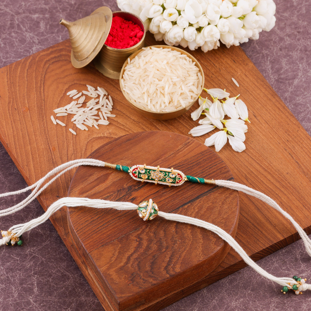 Meenakari Centrepiece Bhai Bhabhi Rakhi Set - Green