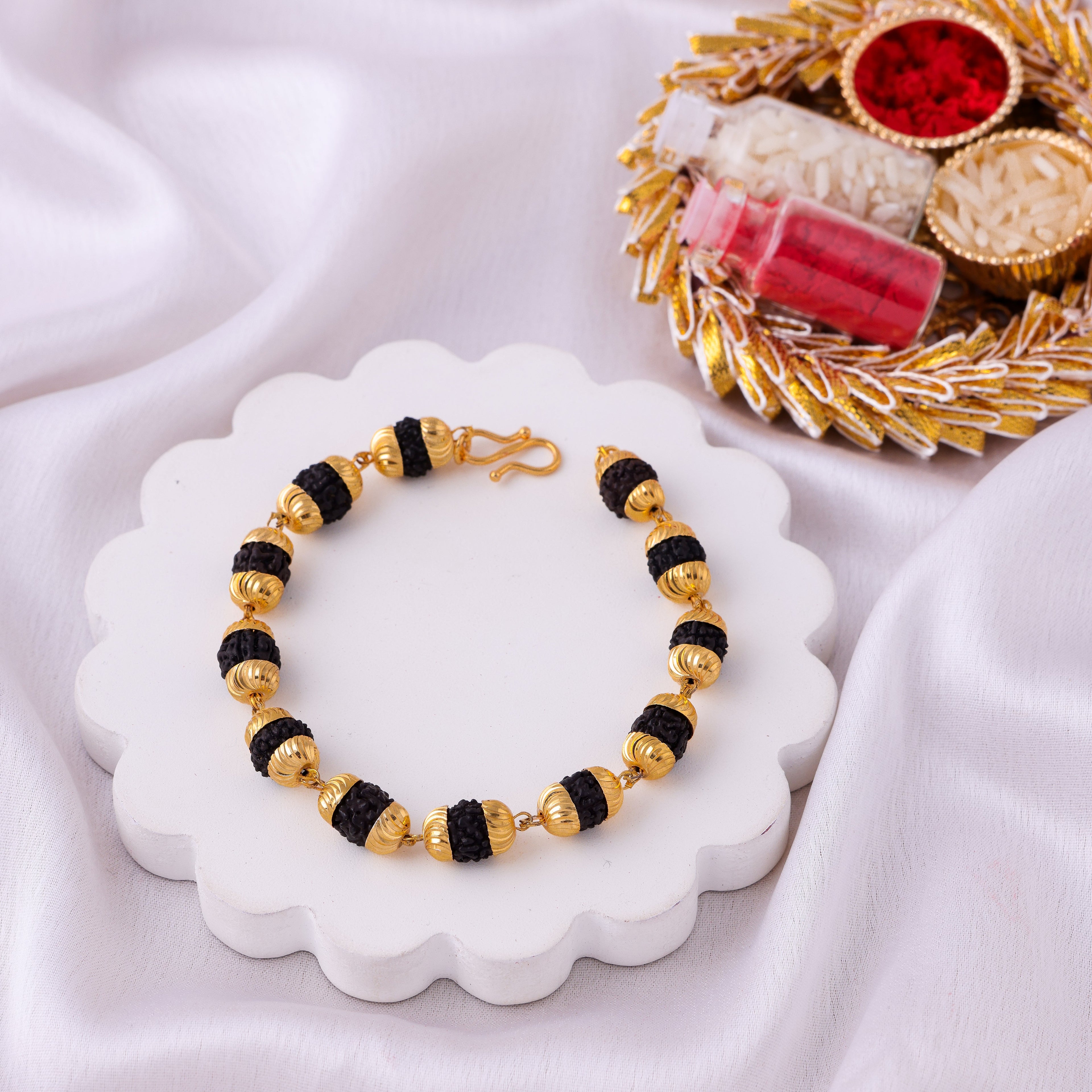 Black Bead & Gold Rudraksha Bracelet Rakhi for Bhai