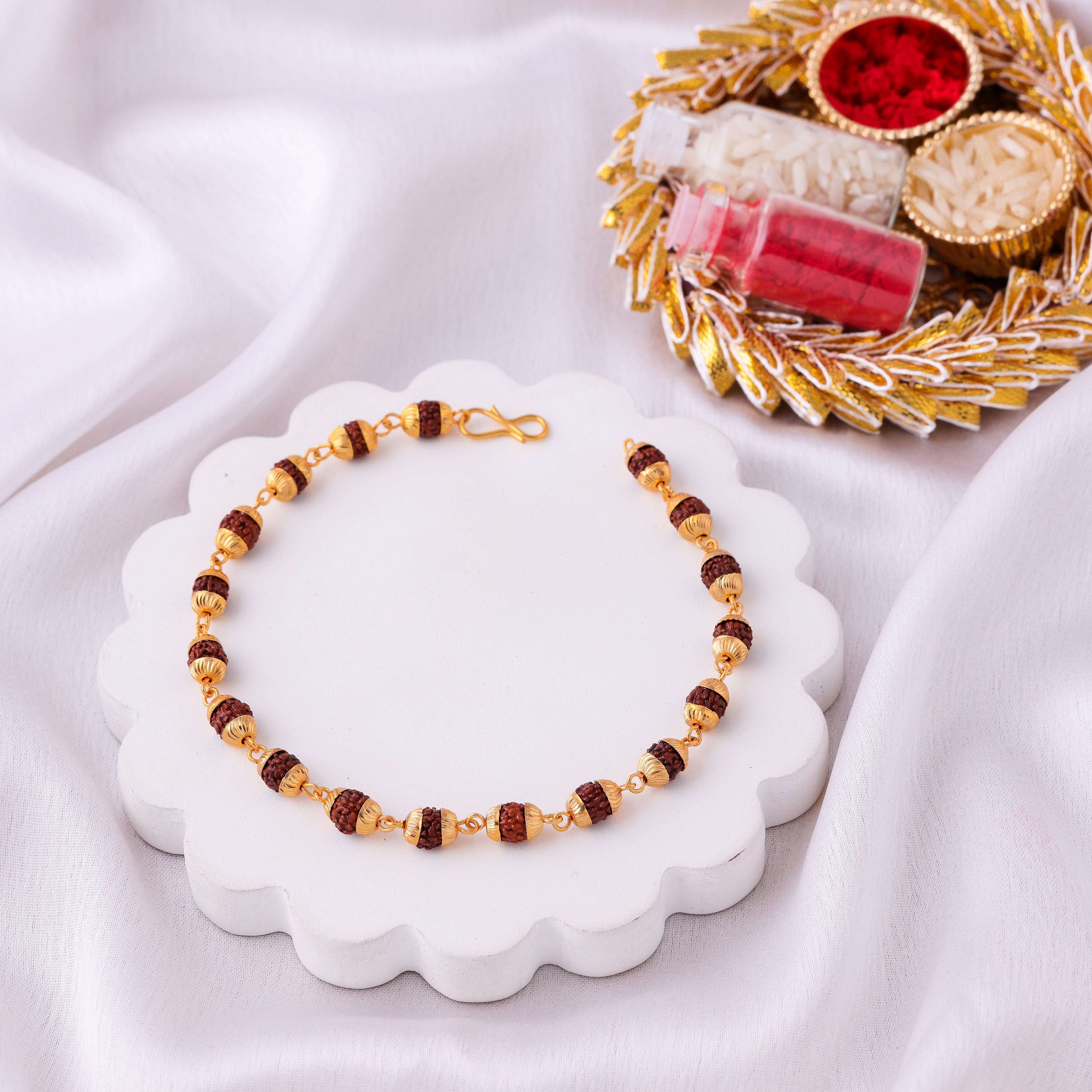Rudraksha Gold Spacer Bracelet Rakhi for Bhai