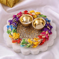 Handcrafted Multicolour Rangoli Diya Holder with 2 Golden Diyas – Festive Décor