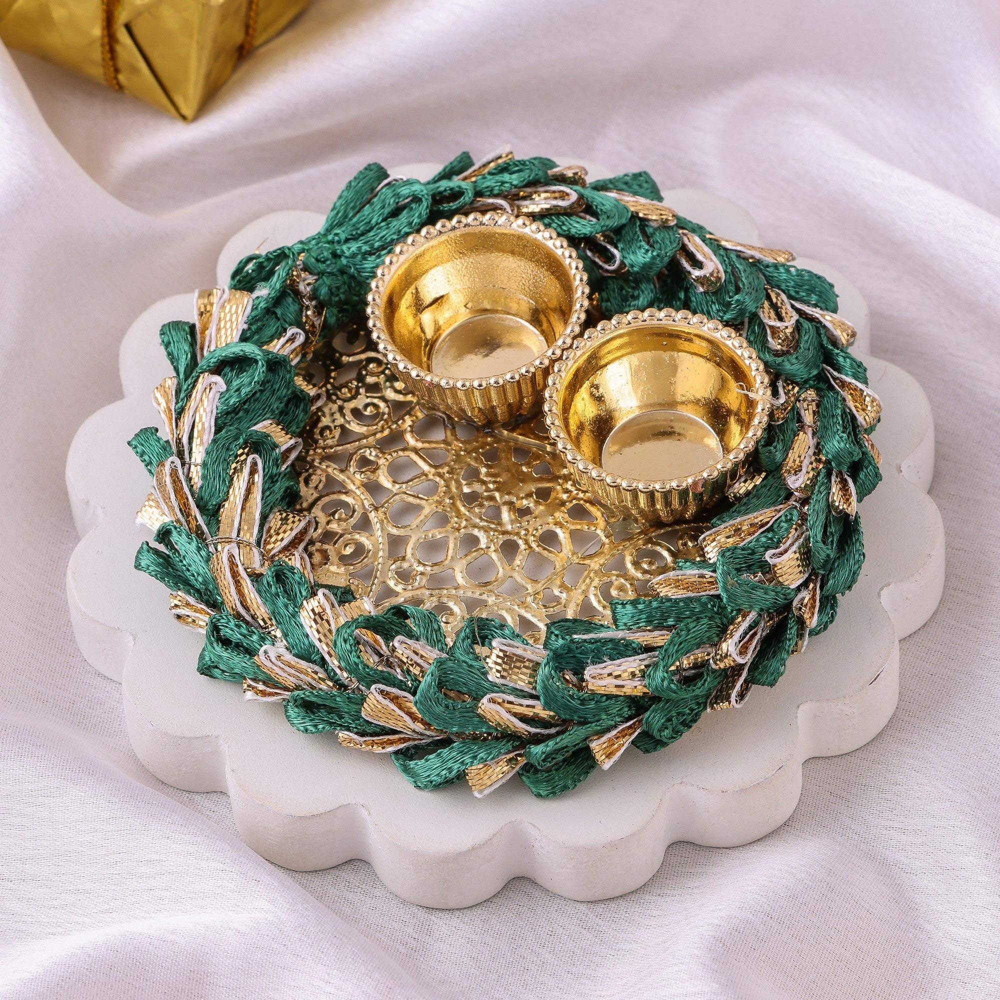 Gota Lace Pooja Thali with 2 Katori & Roli Chawal – Rakhi Special