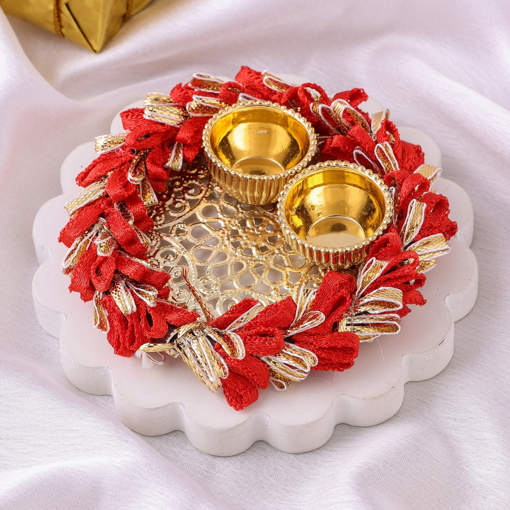Gota Lace Pooja Thali with 2 Katori & Roli Chawal – Rakhi Special