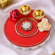 Thumbnail for Red Kundan Rose Pooja Thali for Raksha Bandhan | 4-5 Inch with 2 Katoris & Roli Chawal