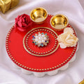 Red Kundan Rose Pooja Thali for Raksha Bandhan | 4-5 Inch with 2 Katoris & Roli Chawal