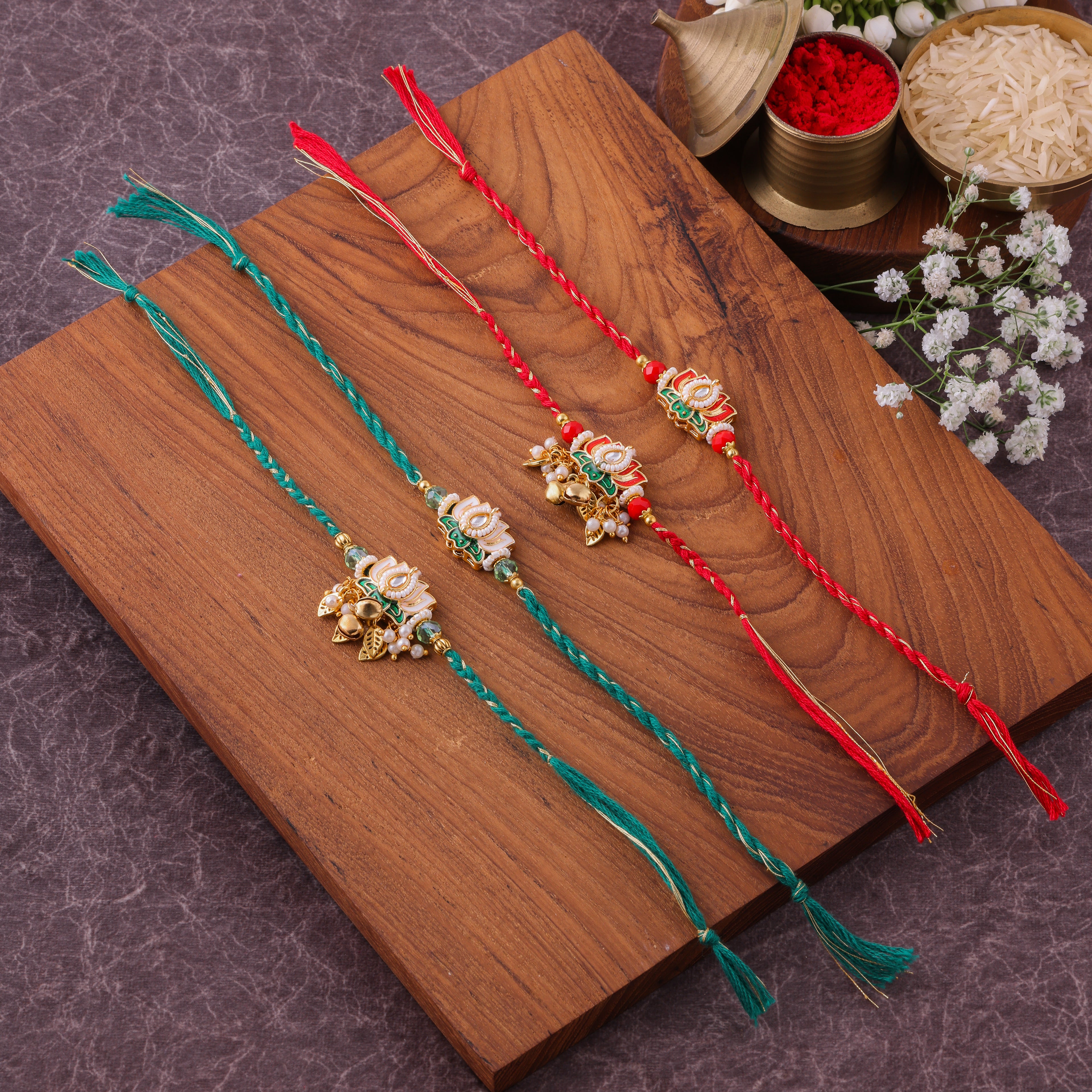 Pearl Floral Jhumka Bhai Bhabhi Couple Rakhi Set