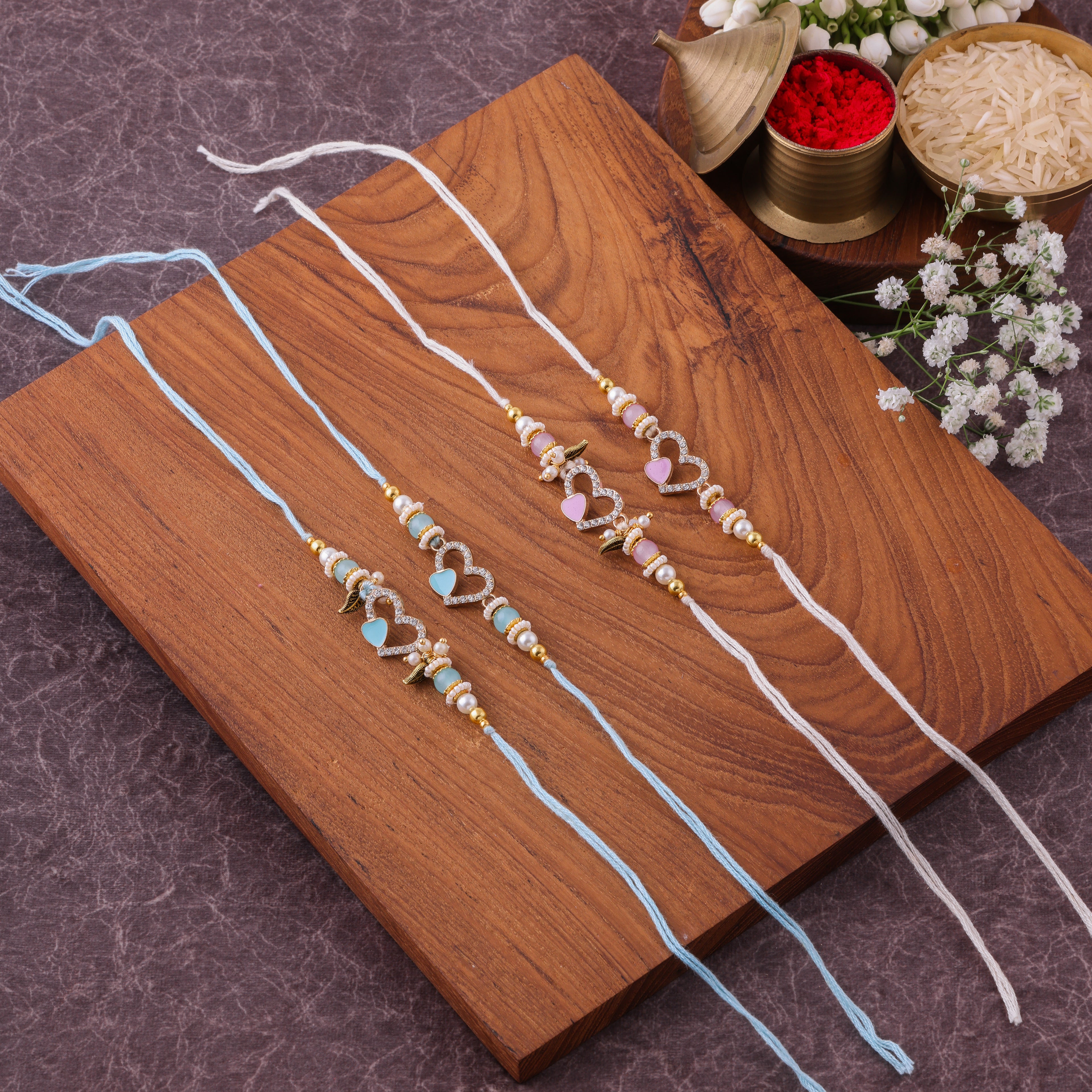 Pastel Heart Charm Bhai Bhabhi Couple Rakhi Set