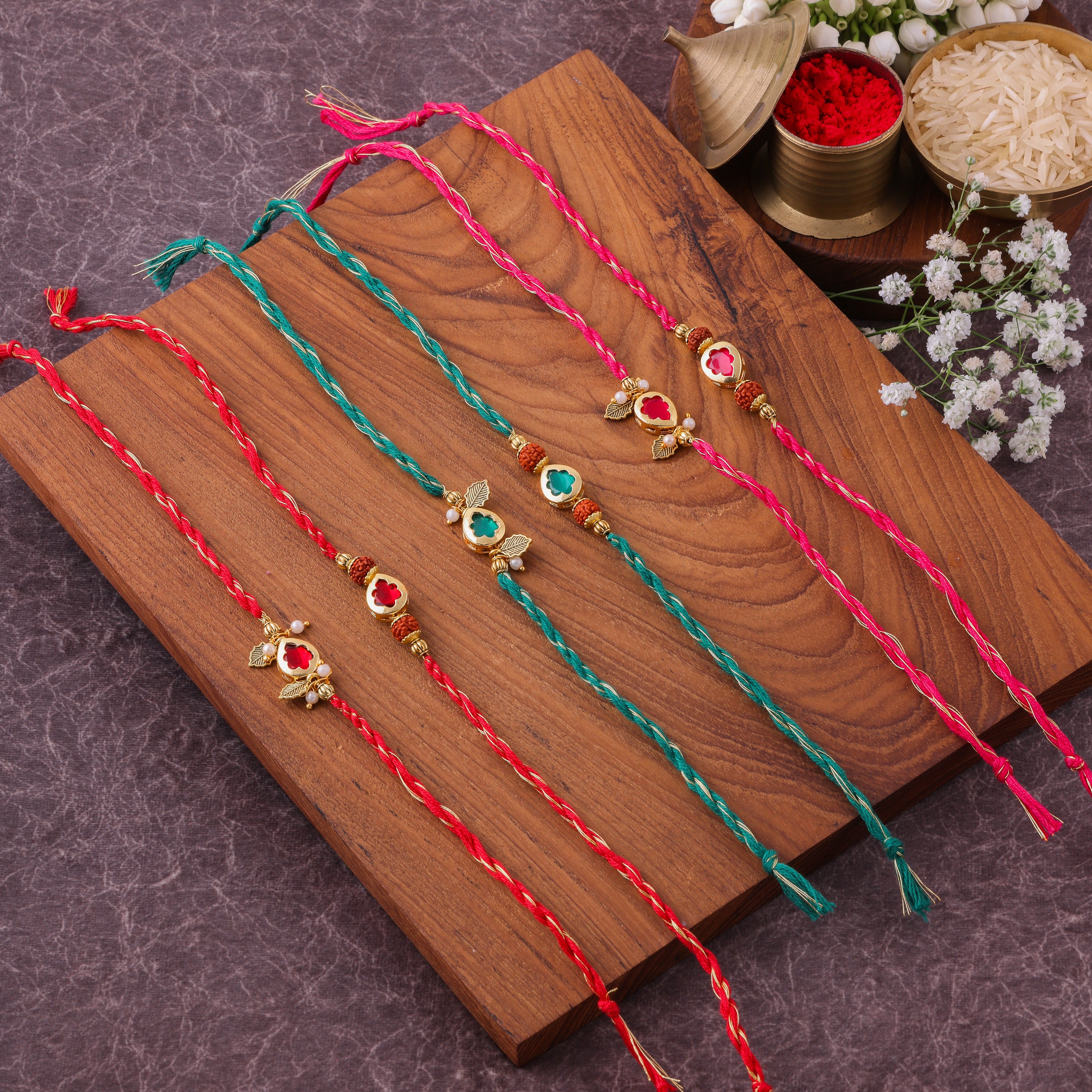 Kundan Floral Twist Bhai Bhabhi Couple Rakhi Set
