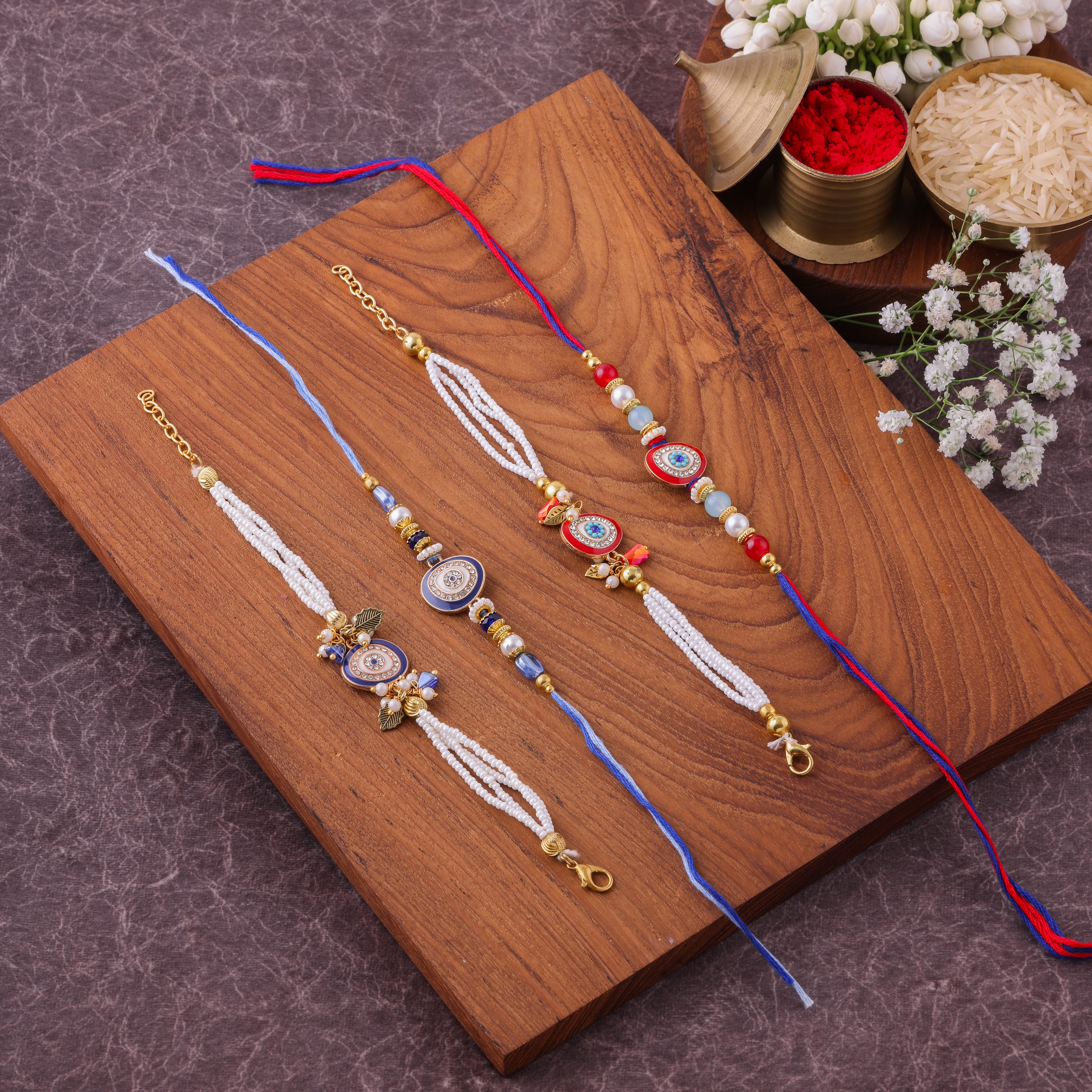 Evil Eye Pearl Lumba Bhai Bhabhi Couple Rakhi Set
