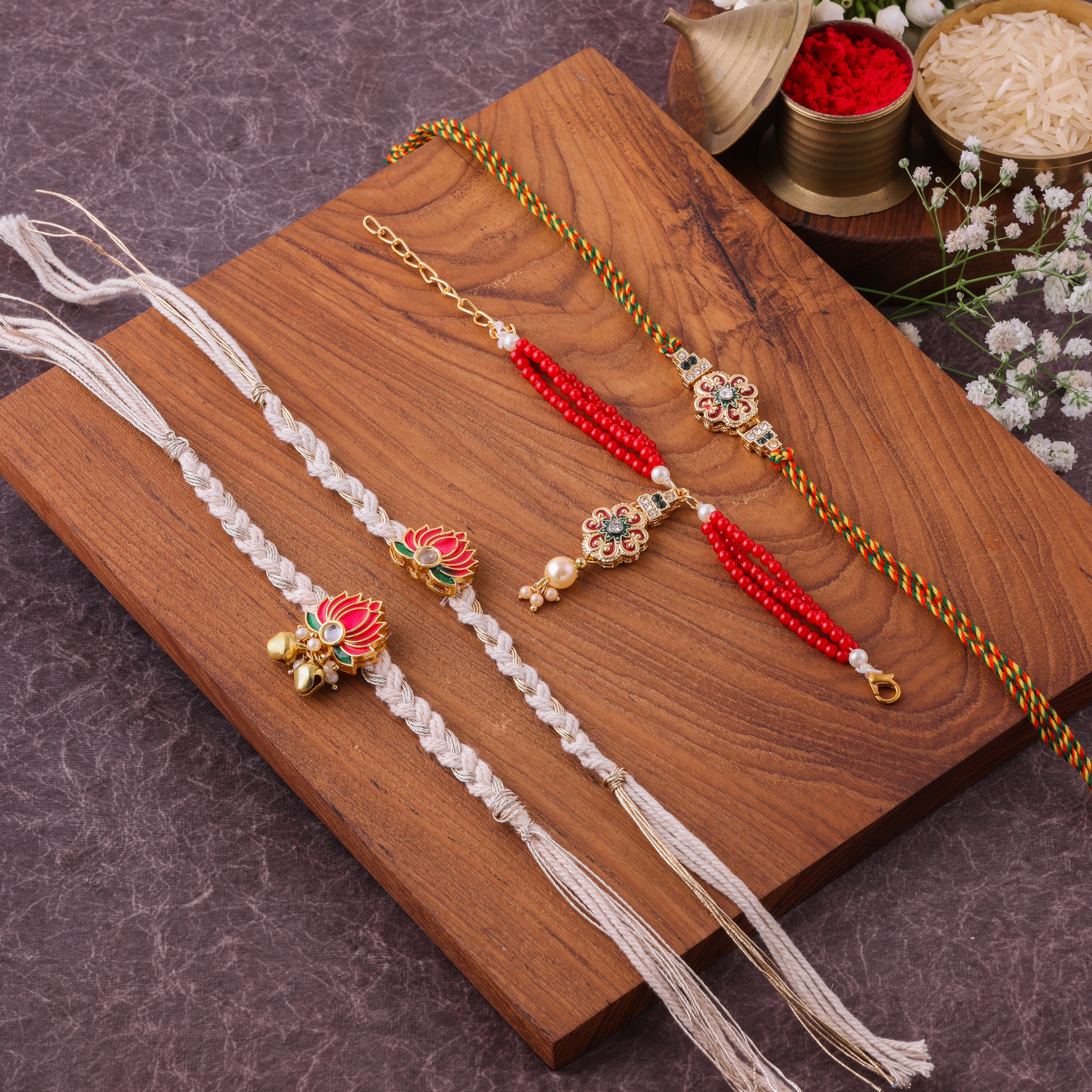 Coral & Pearl Strand Bhai Bhabhi Couple Rakhi Set