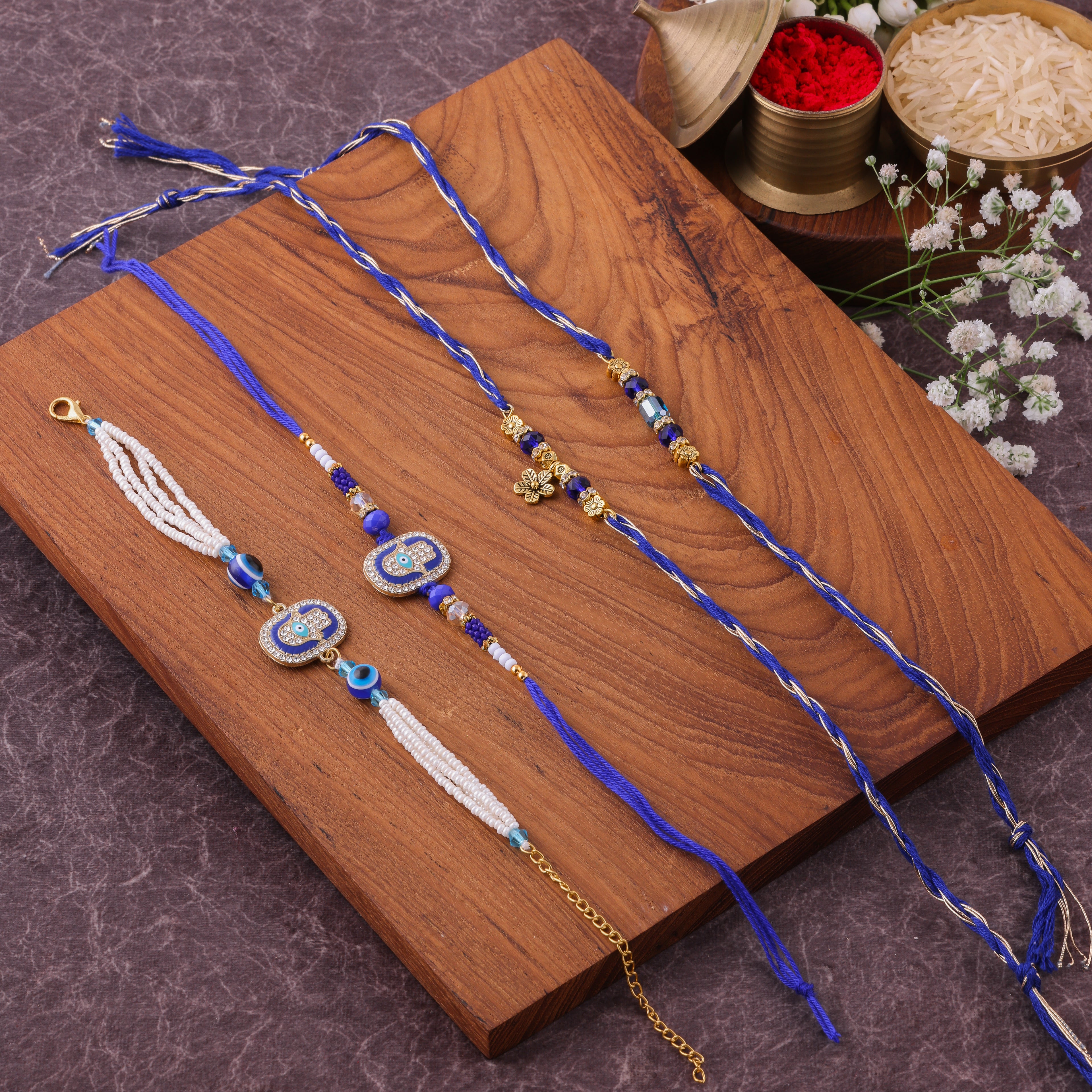 Blue Evil Eye Meenakari Bhai Bhabhi Couple Rakhi Set