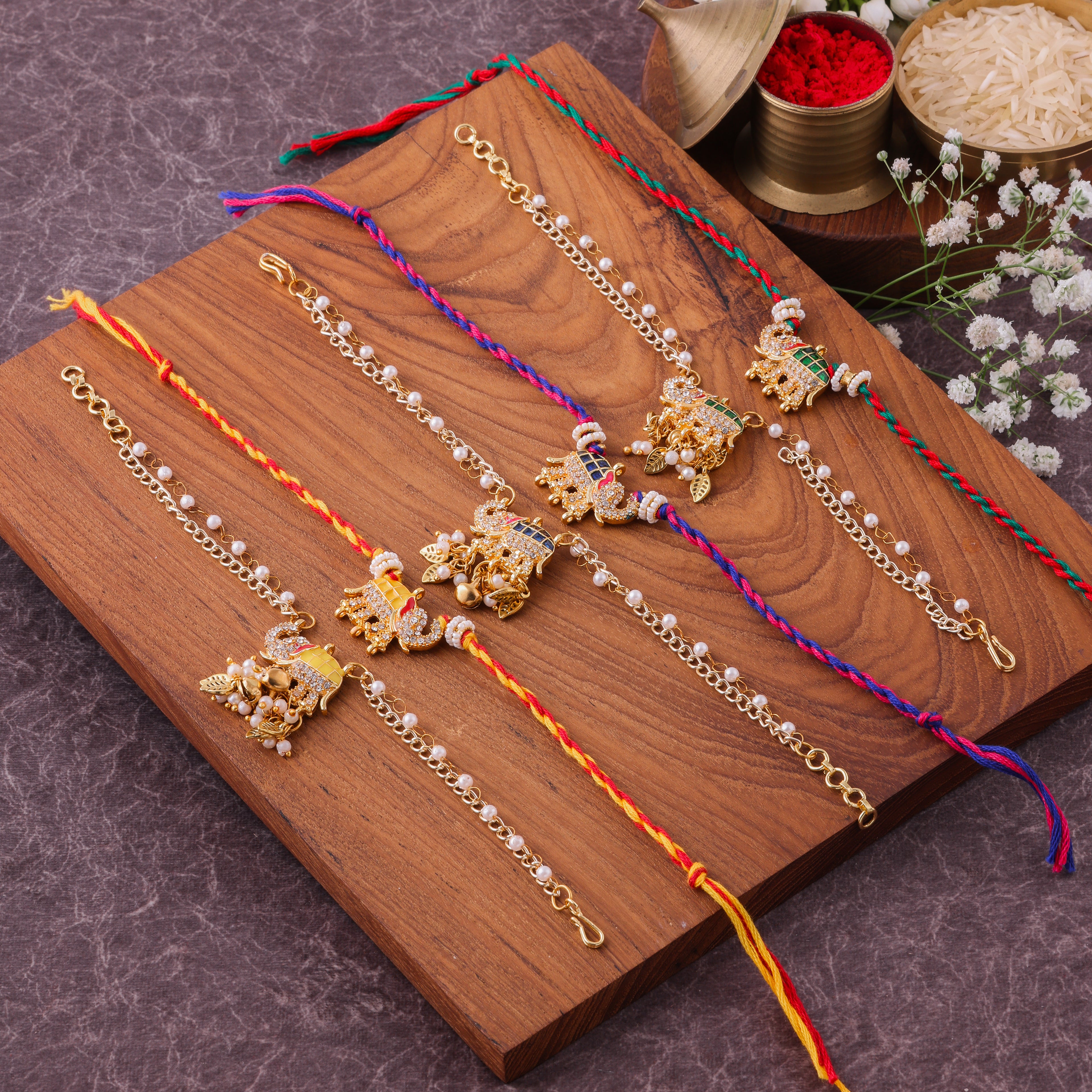 Kundan Jhumka Pearl Chain Bhai Bhabhi Couple Rakhi Set