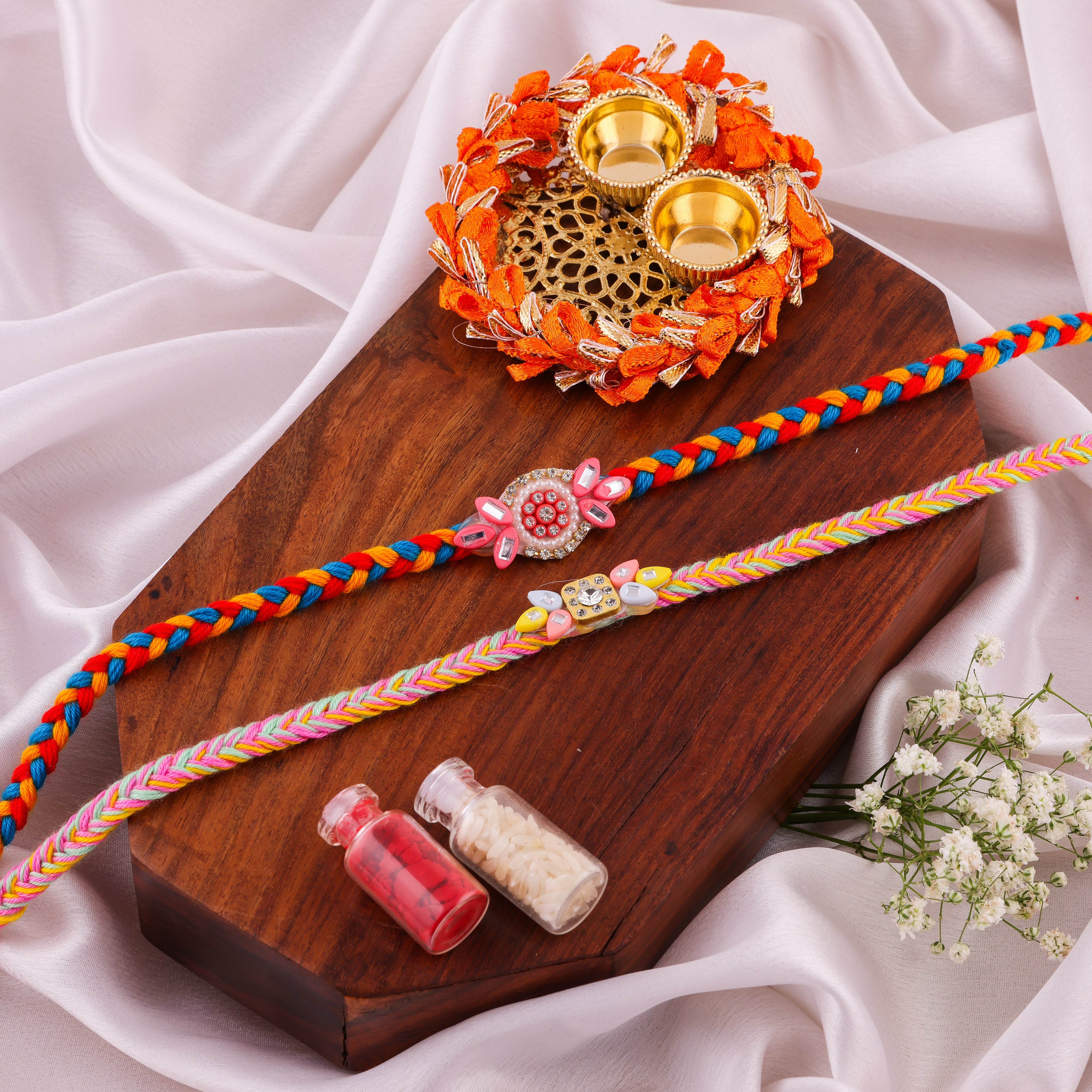 Rhinestone Floral Braided Rakhi Combo - Pack of 2