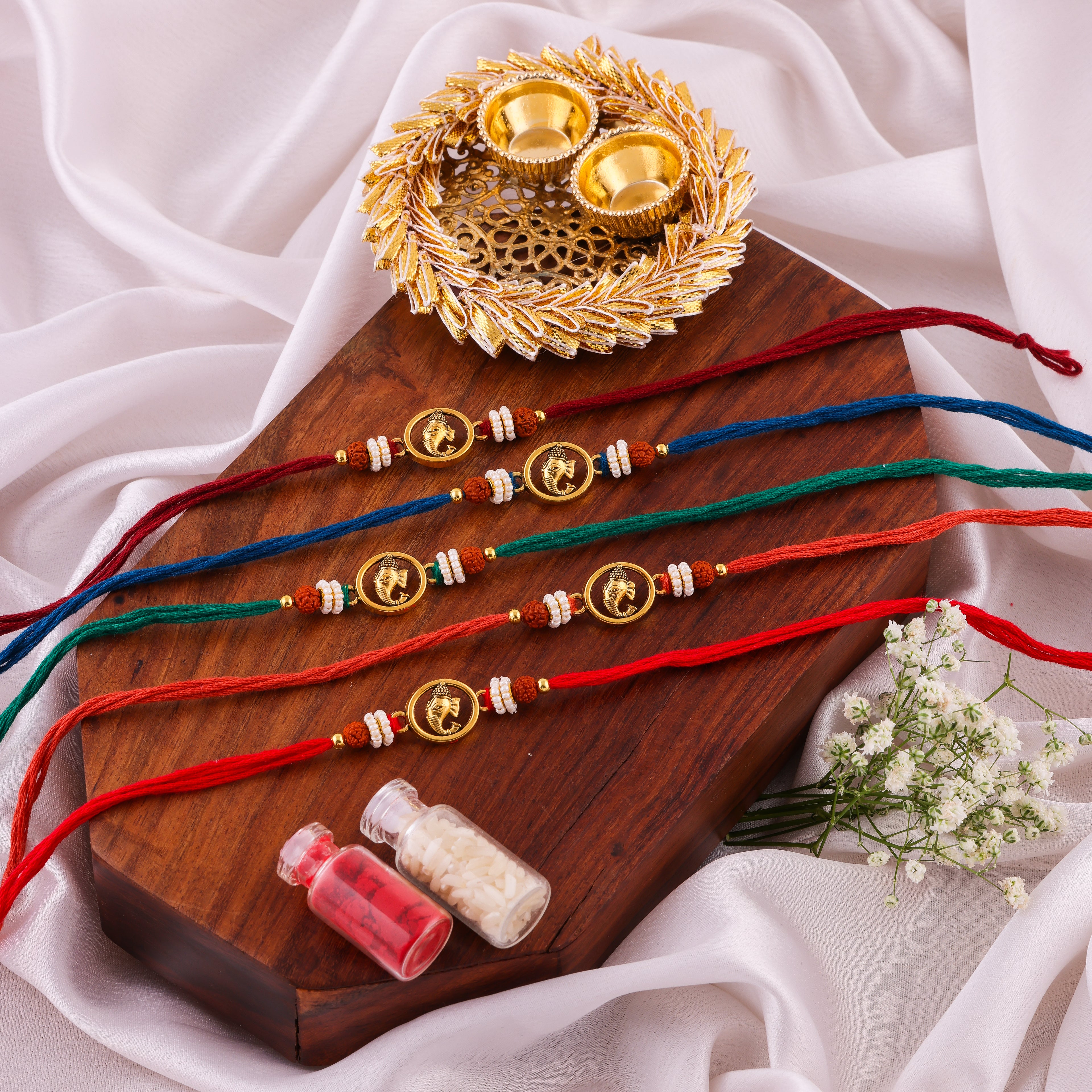 Ganesha Rudraksha Rakhi Combo - Pack of 5